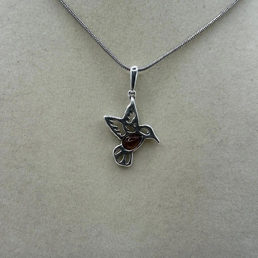 Silver and Amber Hummingbird Pendant Necklace on Silver Plated Snake Chain